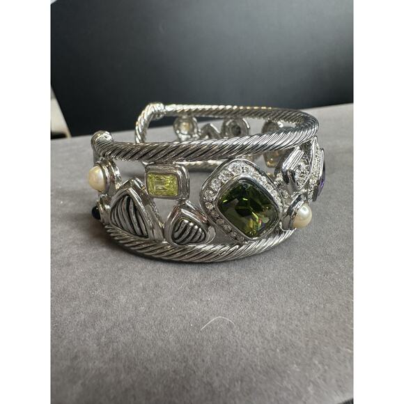 Mosaic Rhodium Plated Cable Crystal Bracelet Bezel Setting Pave Crystal Bangle - Picture 4 of 8